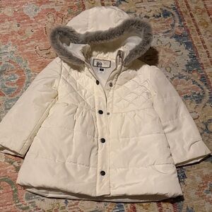 Janie and Jack Cream Puffer Coat with Faux Fur Hood
